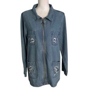 Country Store Size L Denim Chore Jacket Jean Coat Embroidered Full Zip Pockets